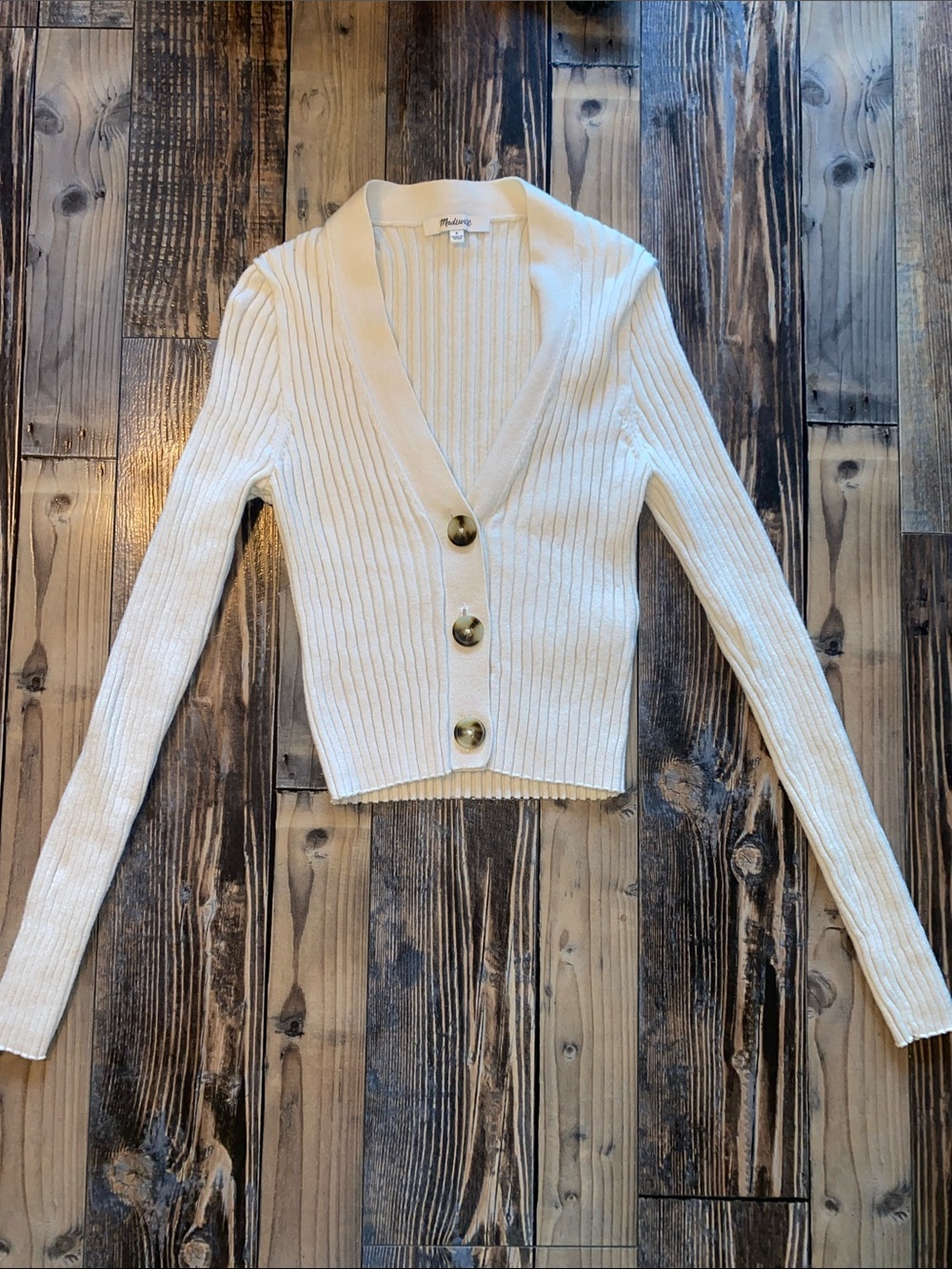 Madewell Cream Ribbed Wool Cotton blend V-Neck Button Front Cardigan